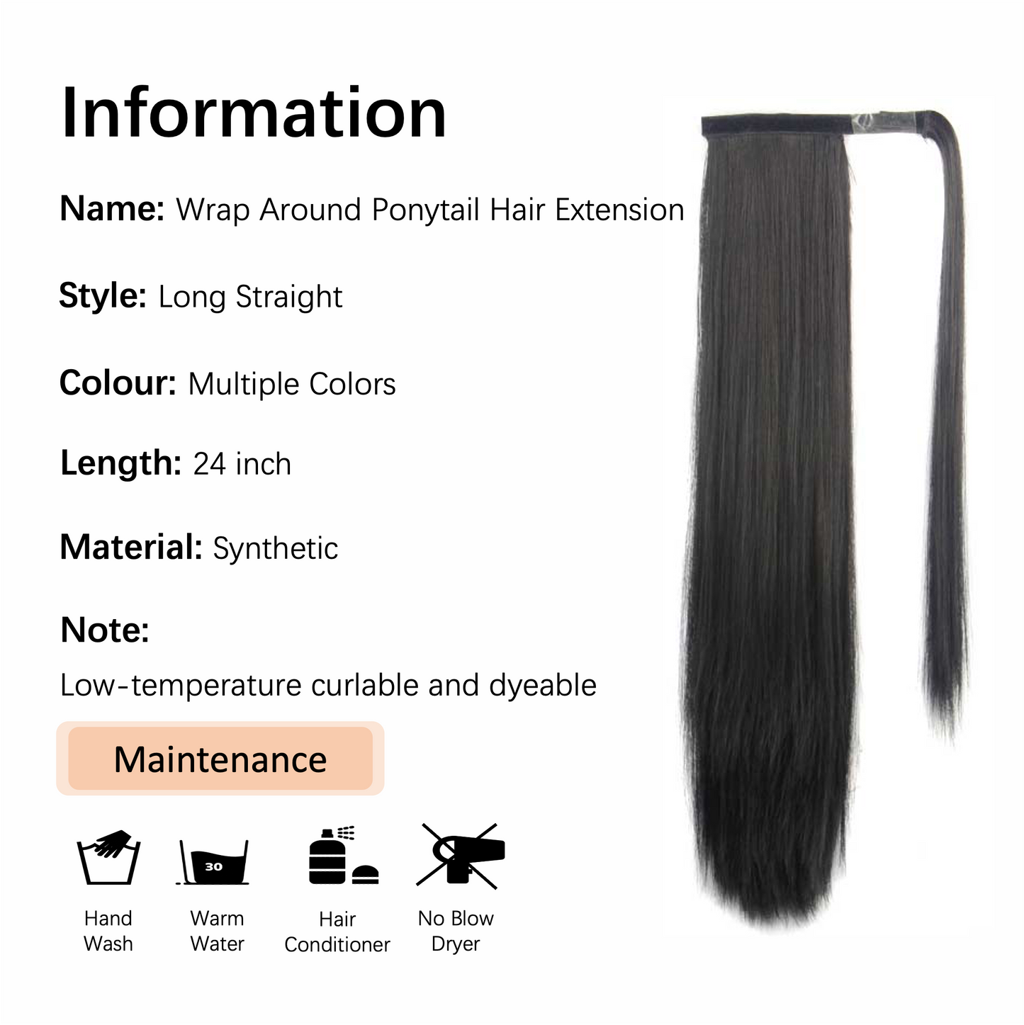 24 Inch Long Straight Wrap Around Ponytail Extension
