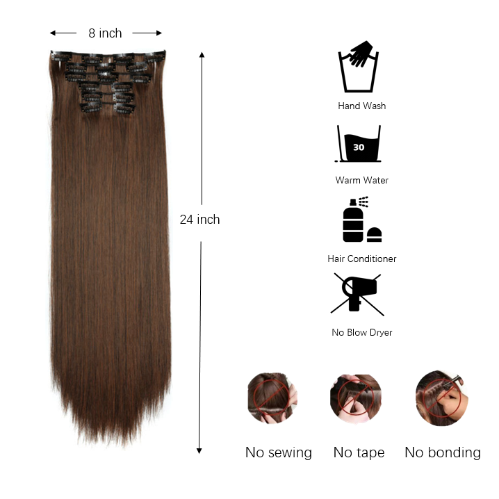 24 Inch 6 PCS Long Straight Clip-In Hair Extensions with 49 shades