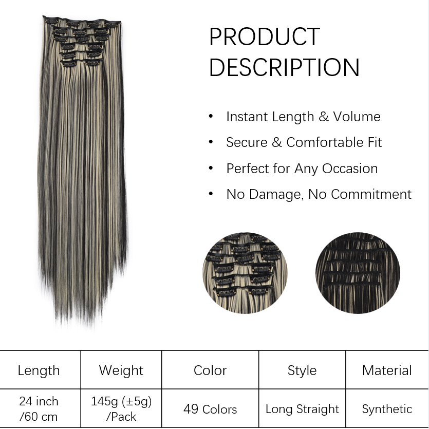 24 Inch 6 PCS Long Straight Clip-In Hair Extensions with 49 shades