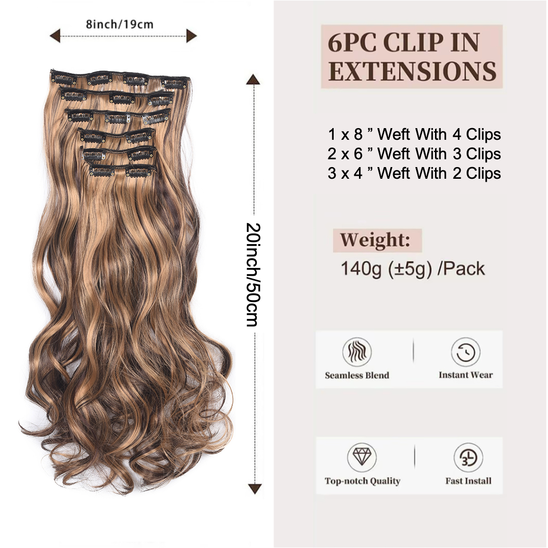 20 Inch 6 Pcs Long Wavy Clip In Hair Extensions